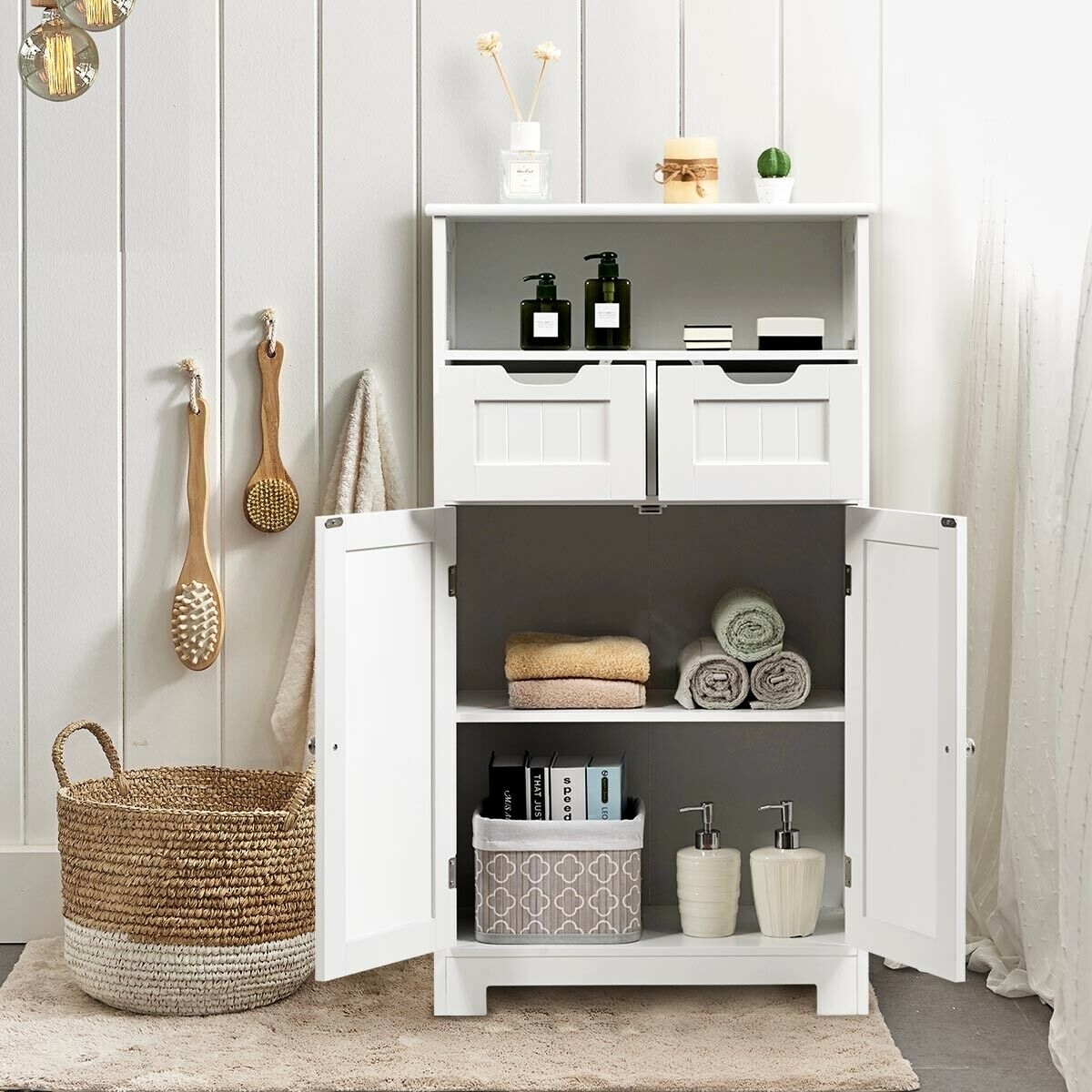 Bathroom Wooden Side Cabinet with 2 Drawers and 2 Doors-White - Color: White - Image 4