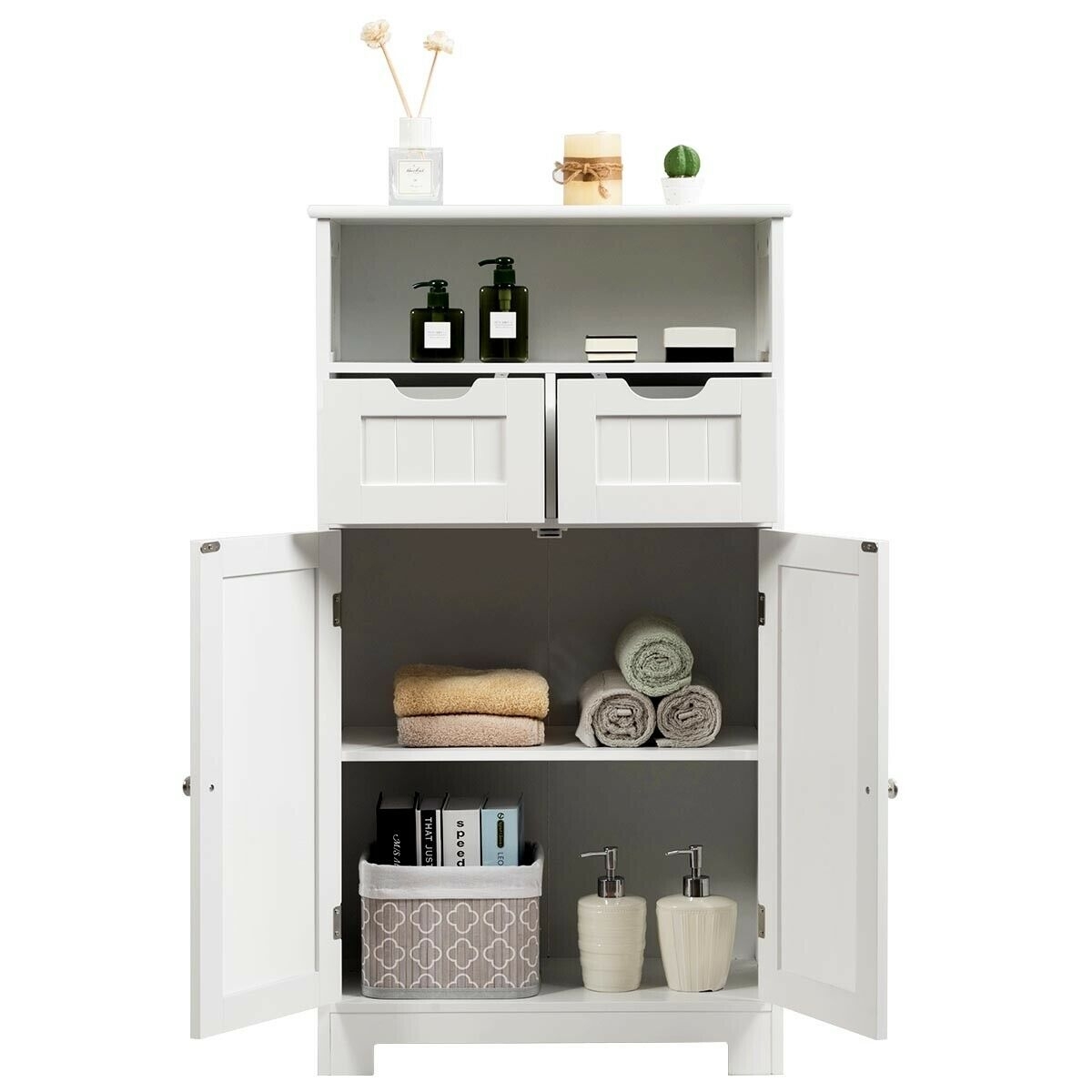 Bathroom Wooden Side Cabinet with 2 Drawers and 2 Doors-White - Color: White - Image 5