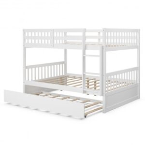 Full over Full Bunk Bed Platform Wood Bed with Ladder-White - Color: White