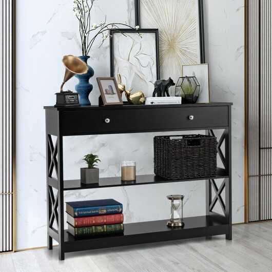3-Tier Console Table with Drawers for Living Room Entryway-Black - Color: Black - Image 2