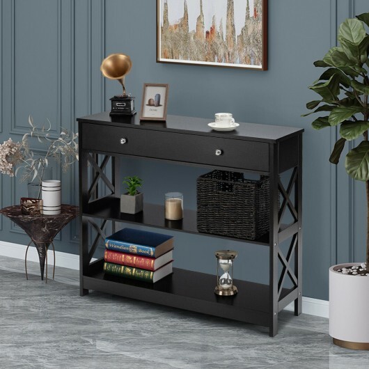 3-Tier Console Table with Drawers for Living Room Entryway-Black - Color: Black - Image 3