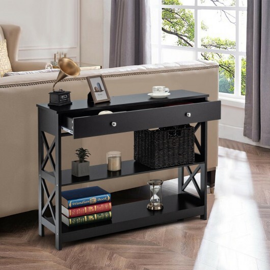 3-Tier Console Table with Drawers for Living Room Entryway-Black - Color: Black - Image 4