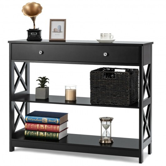 3-Tier Console Table with Drawers for Living Room Entryway-Black - Color: Black - Image 5