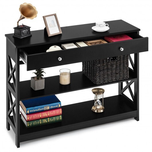 3-Tier Console Table with Drawers for Living Room Entryway-Black - Color: Black - Image 6