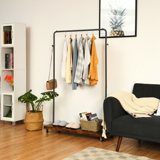 Rolling Garment Rack with Hanging Hooks and Bottom Storage Shelf - Color: Rustic Brown - Image 2