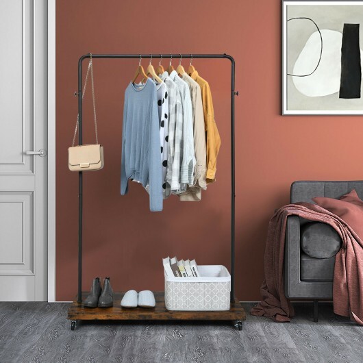 Rolling Garment Rack with Hanging Hooks and Bottom Storage Shelf - Color: Rustic Brown - Image 3