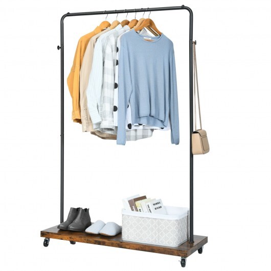 Rolling Garment Rack with Hanging Hooks and Bottom Storage Shelf - Color: Rustic Brown - Image 4