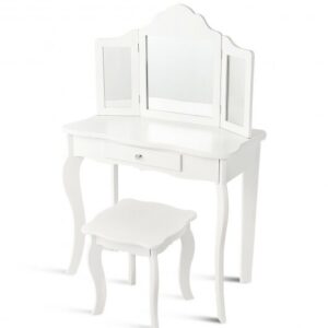 Kids Makeup Dressing Mirror Vanity Table Stool Set - Color: White