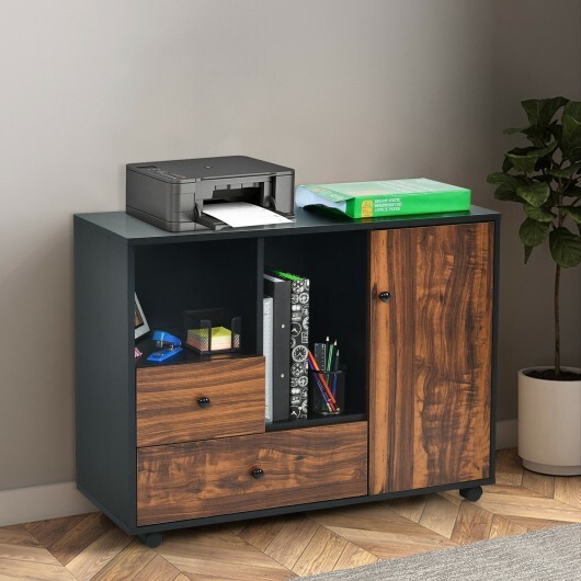 Mobile Filing Cabinet 2 Drawers with Open Shelves for Home and Office - Color: Rustic Brown - Image 2