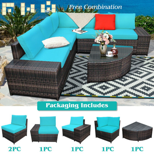 6 Piece Wicker Patio Sectional Sofa Set with Tempered Glass Coffee Table-Turquoise - Color: Turquoise - Image 3