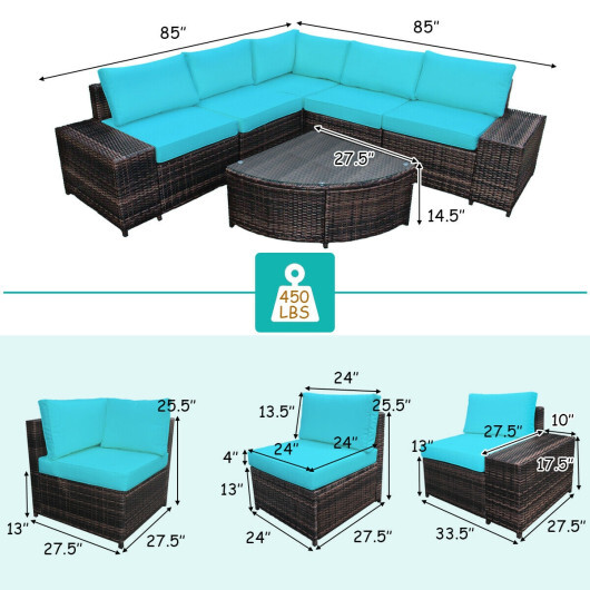 6 Piece Wicker Patio Sectional Sofa Set with Tempered Glass Coffee Table-Turquoise - Color: Turquoise - Image 4