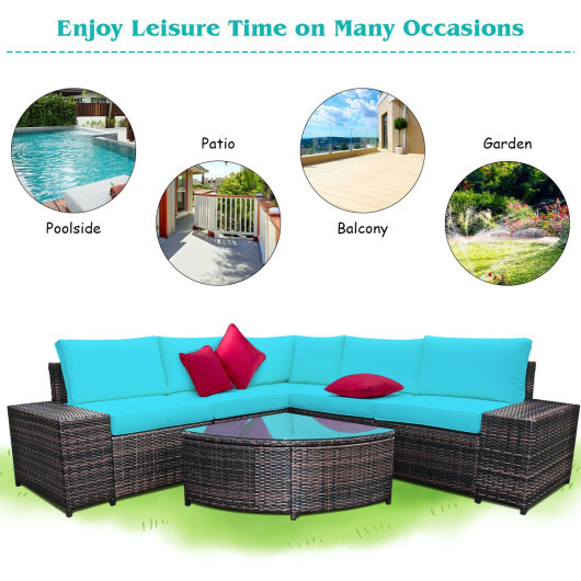 6 Piece Wicker Patio Sectional Sofa Set with Tempered Glass Coffee Table-Turquoise - Color: Turquoise - Image 5
