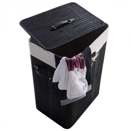 Rectangle Bamboo Hamper Laundry Basket Washing Cloth Bin Storage Bag Lid 3 color-Black - Color: Black - Image 2
