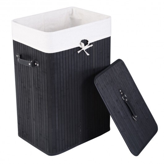 Rectangle Bamboo Hamper Laundry Basket Washing Cloth Bin Storage Bag Lid 3 color-Black - Color: Black - Image 3