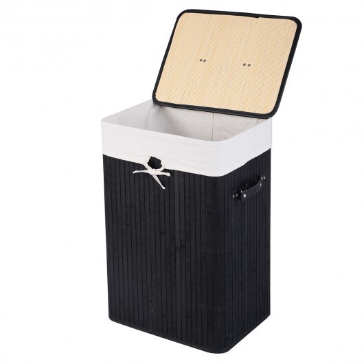 Rectangle Bamboo Hamper Laundry Basket Washing Cloth Bin Storage Bag Lid 3 color-Black - Color: Black - Image 4
