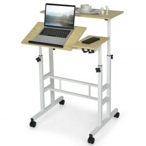 Mobile Standing up Desk Adjustable Computer Desk Tilting Workstation-Natural - Color: Natural