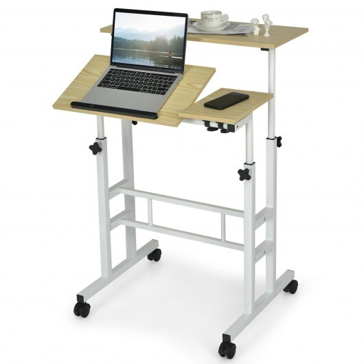 Mobile Standing up Desk Adjustable Computer Desk Tilting Workstation-Natural - Color: Natural