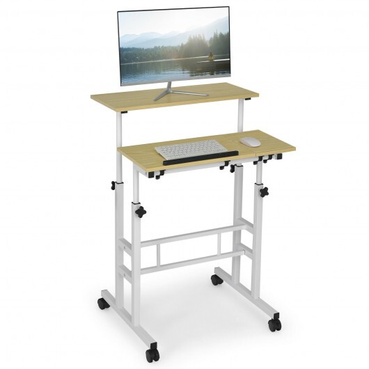 Mobile Standing up Desk Adjustable Computer Desk Tilting Workstation-Natural - Color: Natural - Image 2