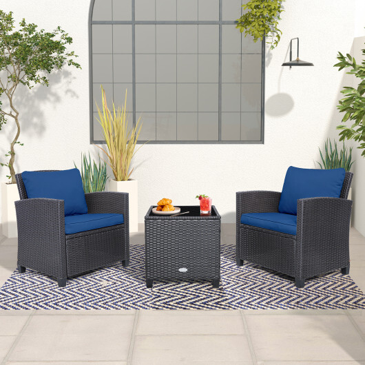 3 Pieces Rattan Patio Furniture Set with Washable Cushion-Beige & Turquoise - Color: Beige & Turquoise - Image 3