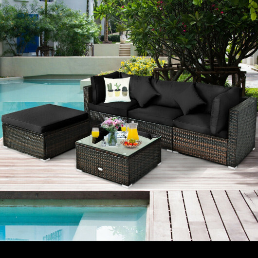 5 Pcs Outdoor Patio Rattan Furniture Set Sectional Conversation with Cushions-Black - Color: Black - Image 2