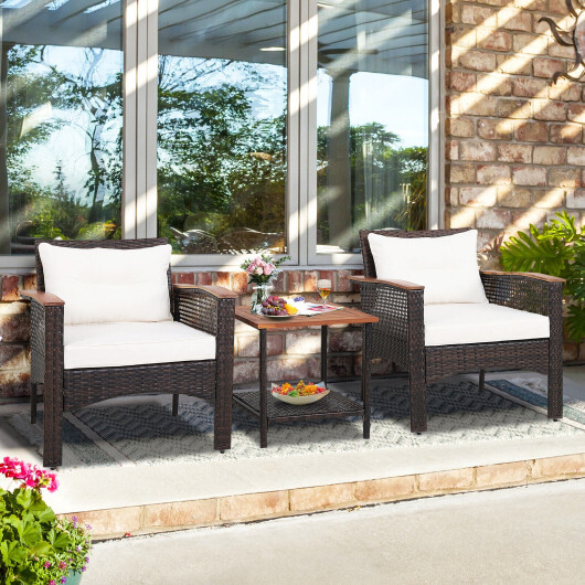 3 Pieces Patio Rattan Furniture Set with Acacia Wood Tabletop - Color: Off White - Image 2