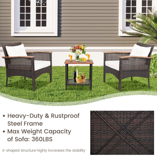 3 Pieces Patio Rattan Furniture Set with Acacia Wood Tabletop - Color: Off White - Image 3