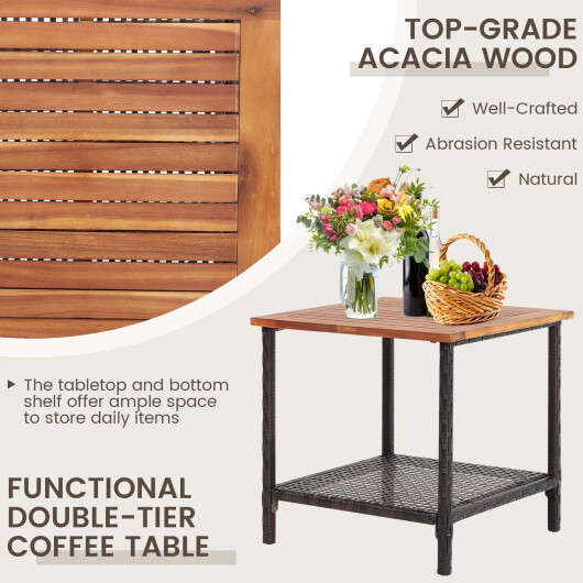 3 Pieces Patio Rattan Furniture Set with Acacia Wood Tabletop - Color: Off White - Image 5