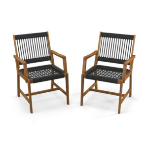Set of 2 Patio Acacia Wood Dining Chairs with Armrests for Lawn Yard - Color: Black