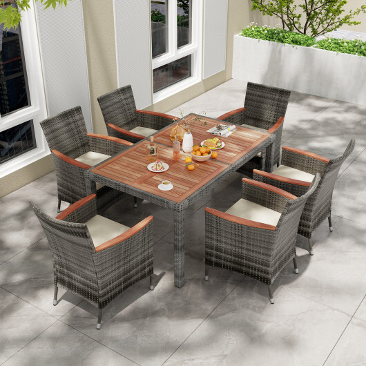 7 Pieces Patio Acacia Wood Cushioned PE Rattan Wicker Dining Set - Color: Brown - Image 2
