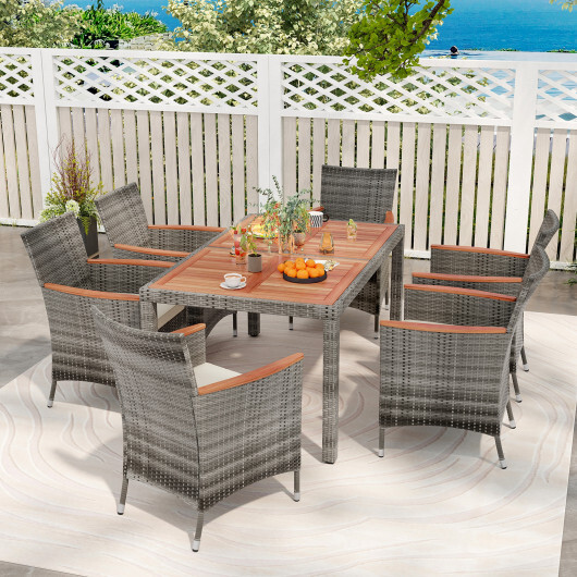 7 Pieces Patio Acacia Wood Cushioned PE Rattan Wicker Dining Set - Color: Brown - Image 3