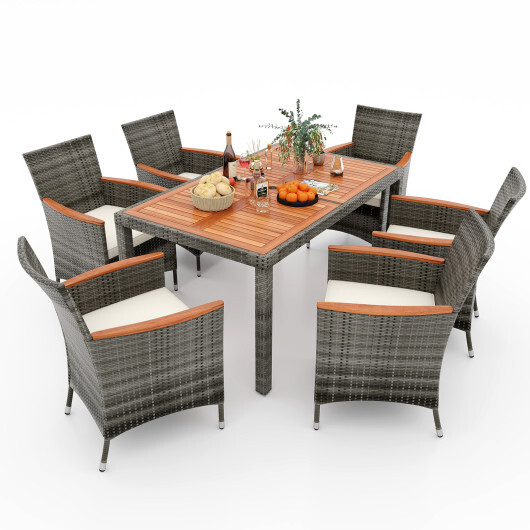 7 Pieces Patio Acacia Wood Cushioned PE Rattan Wicker Dining Set - Color: Brown - Image 4