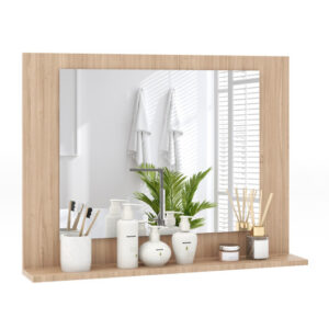 Rectangle Bathroom Mirror with Shelf 23.5 x 17.5 Inch and Wood Frame-Brown - Color: Brown