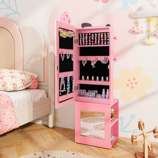 3-in-1 Freestanding Kids Jewelry Cabinet Armoire with Full Length Mirror-Pink - Color: Pink - Image 2
