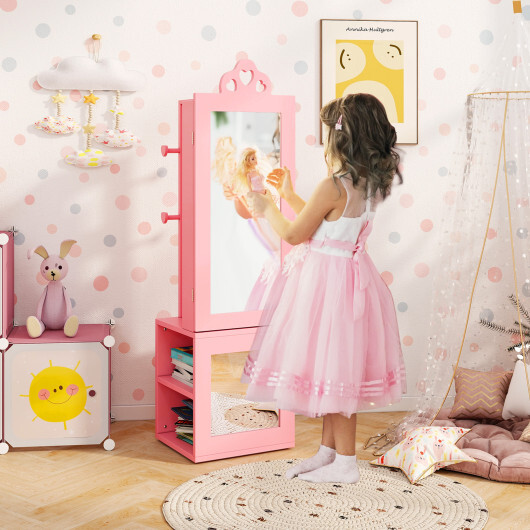 3-in-1 Freestanding Kids Jewelry Cabinet Armoire with Full Length Mirror-Pink - Color: Pink - Image 3
