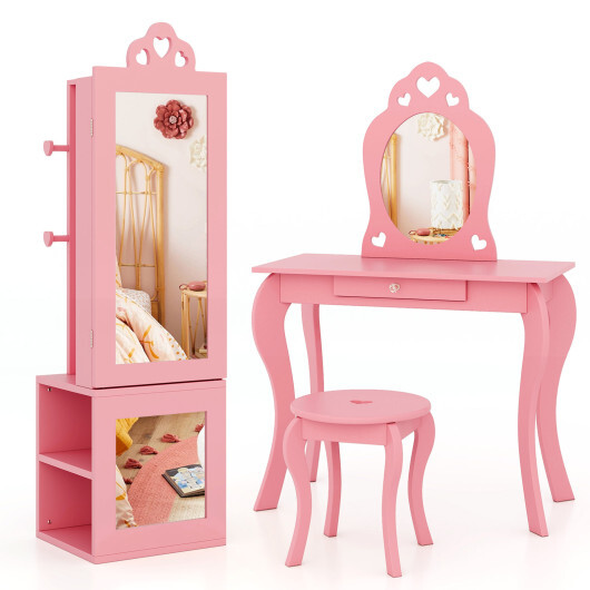 3-in-1 Freestanding Kids Jewelry Cabinet Armoire with Full Length Mirror-Pink - Color: Pink - Image 4