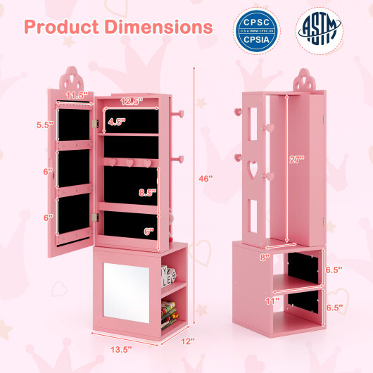 3-in-1 Freestanding Kids Jewelry Cabinet Armoire with Full Length Mirror-Pink - Color: Pink - Image 5