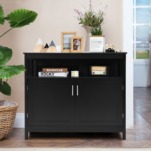 Kitchen Buffet Server Sideboard Storage Cabinet with 2 Doors and Shelf-Black - Color: Black - Image 2