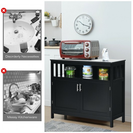 Kitchen Buffet Server Sideboard Storage Cabinet with 2 Doors and Shelf-Black - Color: Black - Image 3