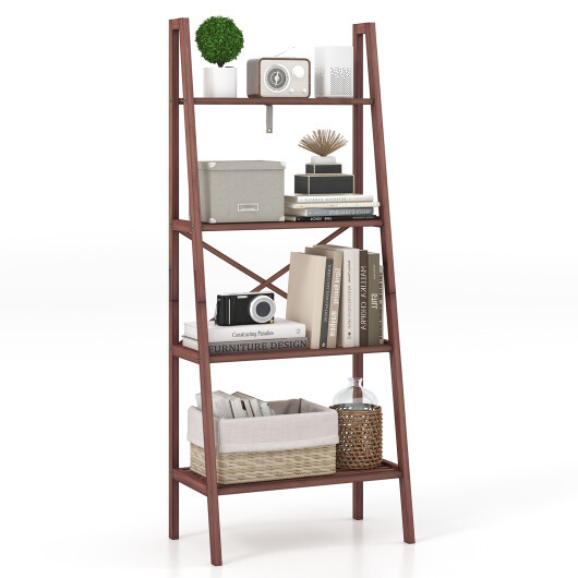 58 Inch 4-Tier Bamboo Ladder Bookshelf-Walnut - Color: Walnut