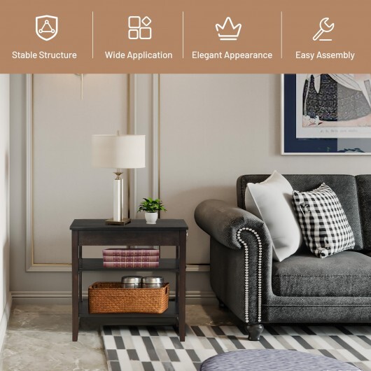 Side End Table with Drawer and 2-Tier Open Storage Shelves for Space Saving-Brown - Color: Brown - Image 2