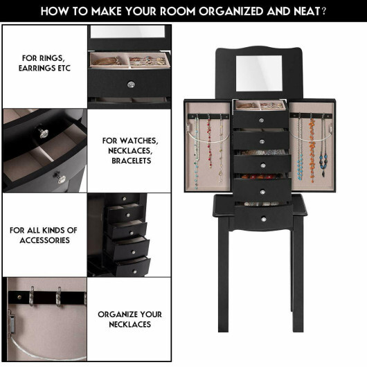 Jewelry Armoire with Top Flip Mirror and 4 Drawers - Color: Black - Image 3