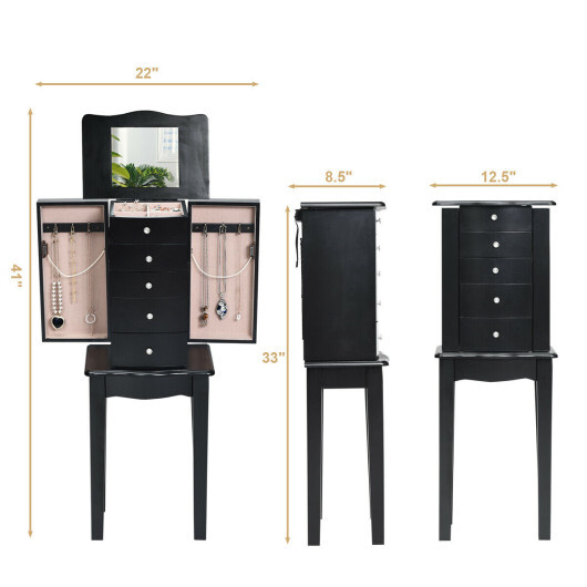 Jewelry Armoire with Top Flip Mirror and 4 Drawers - Color: Black - Image 4