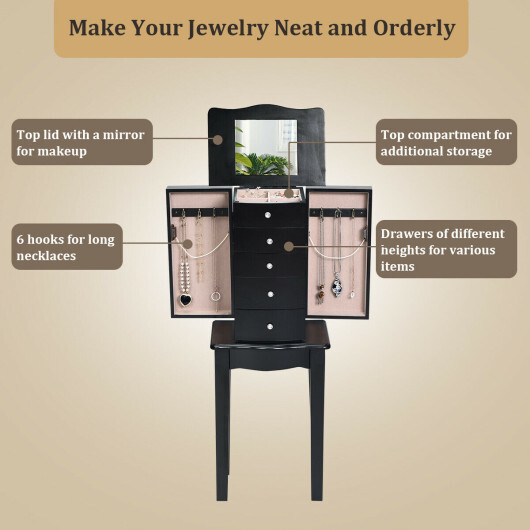 Jewelry Armoire with Top Flip Mirror and 4 Drawers - Color: Black - Image 5