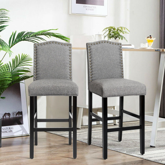 Set of 2 Bar Height Dining Side Barstools with Thick Cushion-Gray - Color: Gray - Image 3
