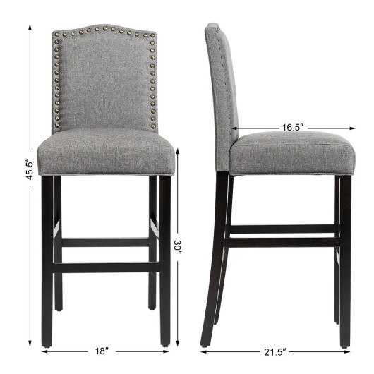 Set of 2 Bar Height Dining Side Barstools with Thick Cushion-Gray - Color: Gray - Image 4