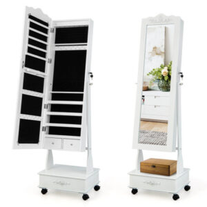 Rolling Floor Standing Mirrored Jewelry Armoire with Lock and Drawers-White - Color: White