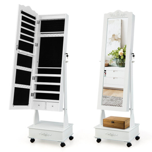 Rolling Floor Standing Mirrored Jewelry Armoire with Lock and Drawers-White - Color: White