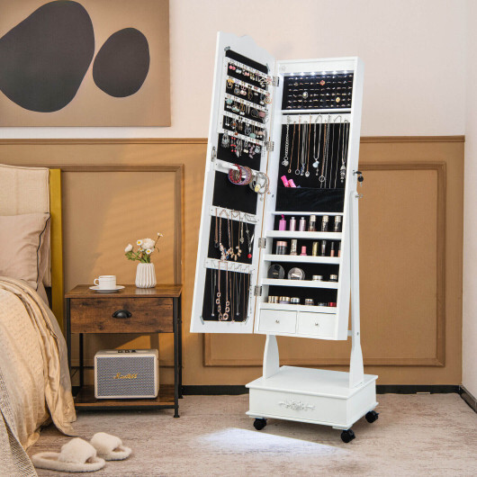 Rolling Floor Standing Mirrored Jewelry Armoire with Lock and Drawers-White - Color: White - Image 2