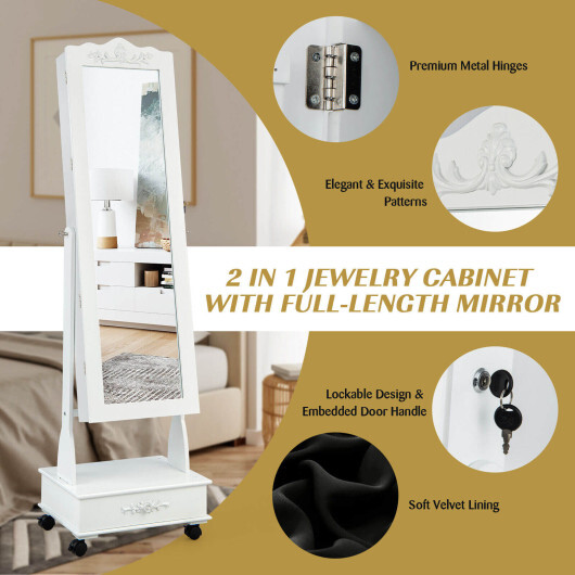 Rolling Floor Standing Mirrored Jewelry Armoire with Lock and Drawers-White - Color: White - Image 3