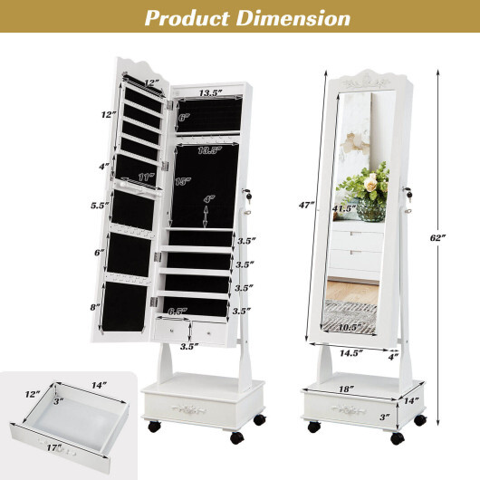 Rolling Floor Standing Mirrored Jewelry Armoire with Lock and Drawers-White - Color: White - Image 4